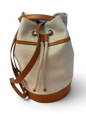 Loro Piana Cream Canvas Bucket Tote with Tan Leather Trim and Canvas Cover Bag